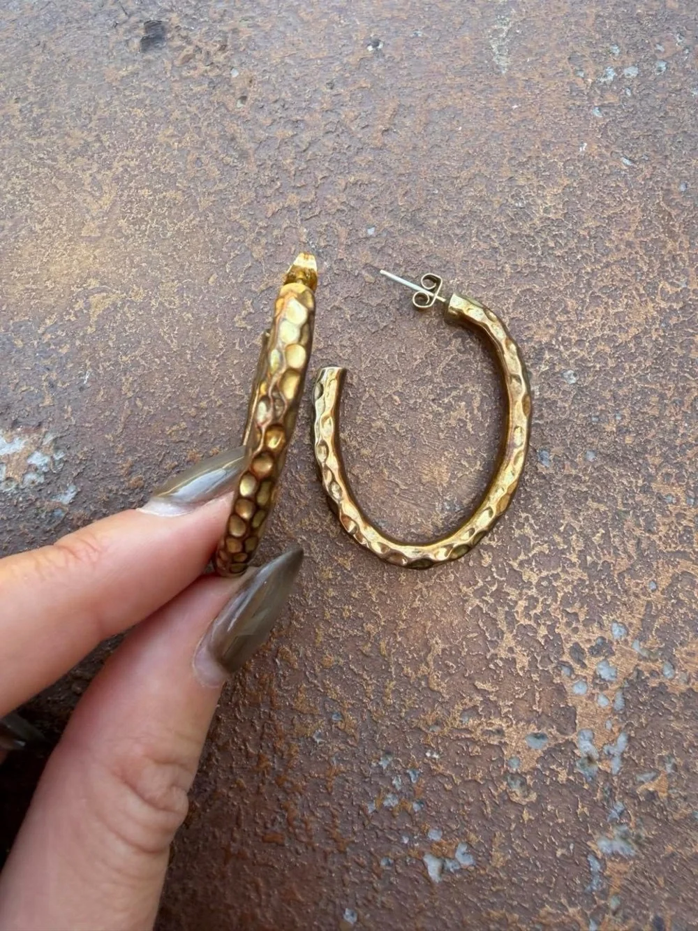 Gold sterling silver hoop statement earrings with a hammered texture #hoops